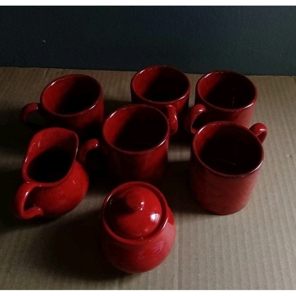 Red Ceramic Coffee Set,‎ 5Cups, Creamer, Sugar Bowl and Lid Included